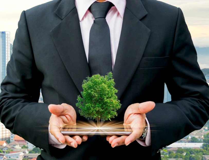 Empresario con un árbol que crece entre sus manos